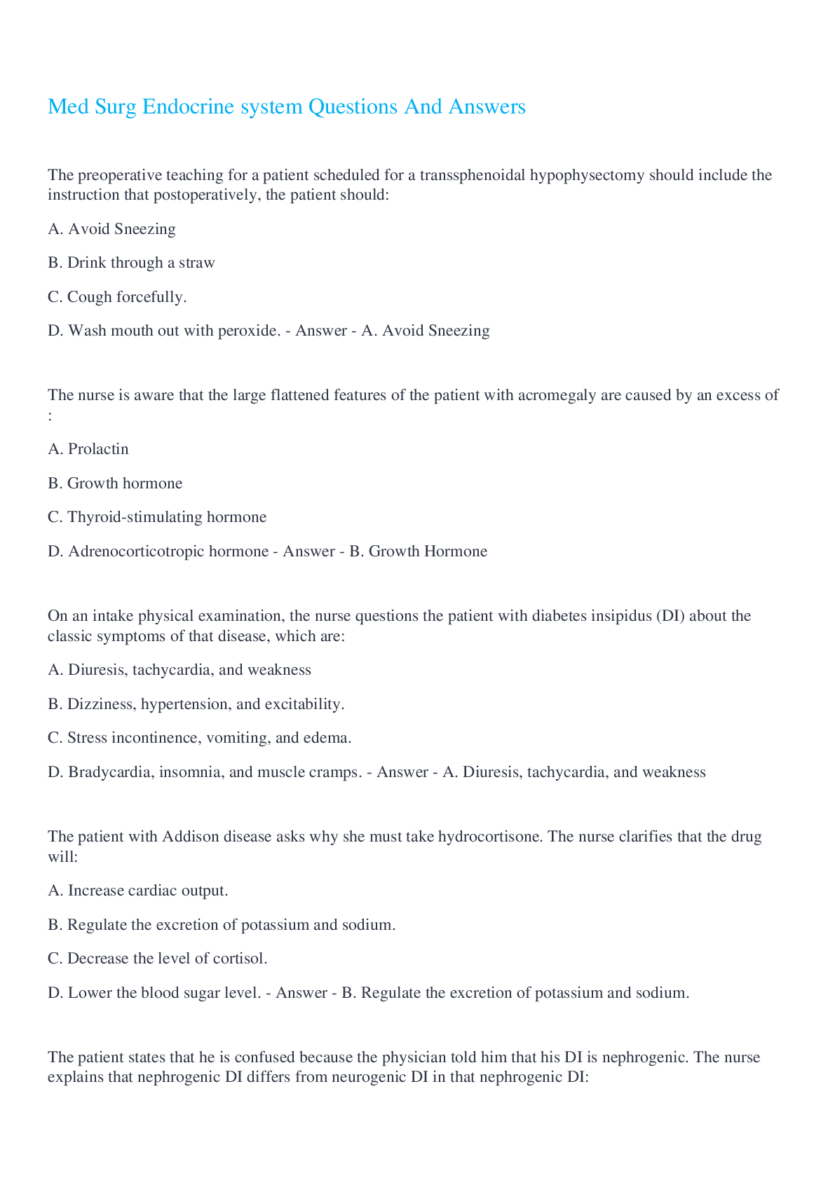 Med Surg Endocrine system Questions And Answers 2022/2023 | ScholarFriends